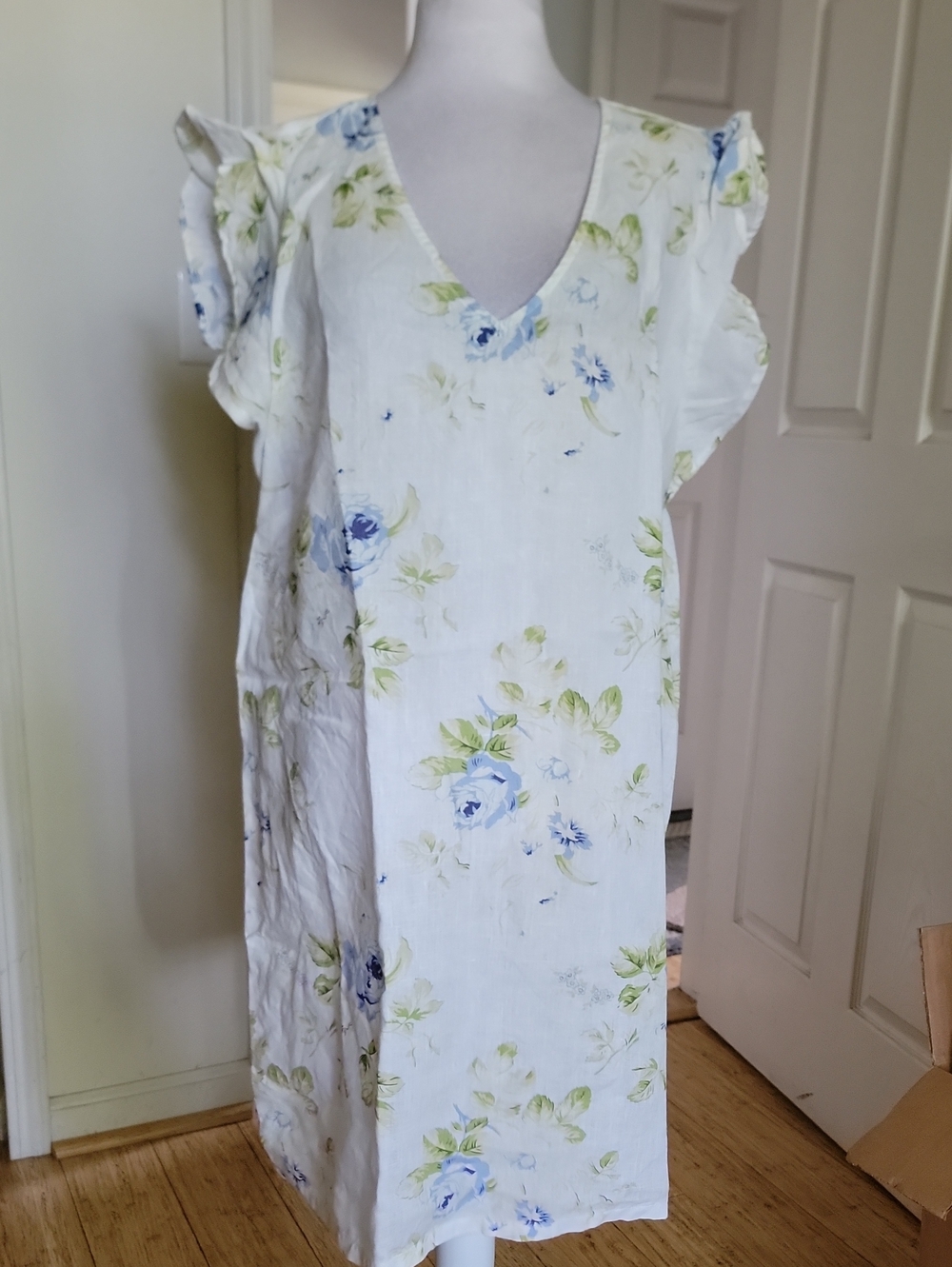 Laura Ashley 100% Linen Women's White Floral V-Neck Dress with Ruffle Sleeves